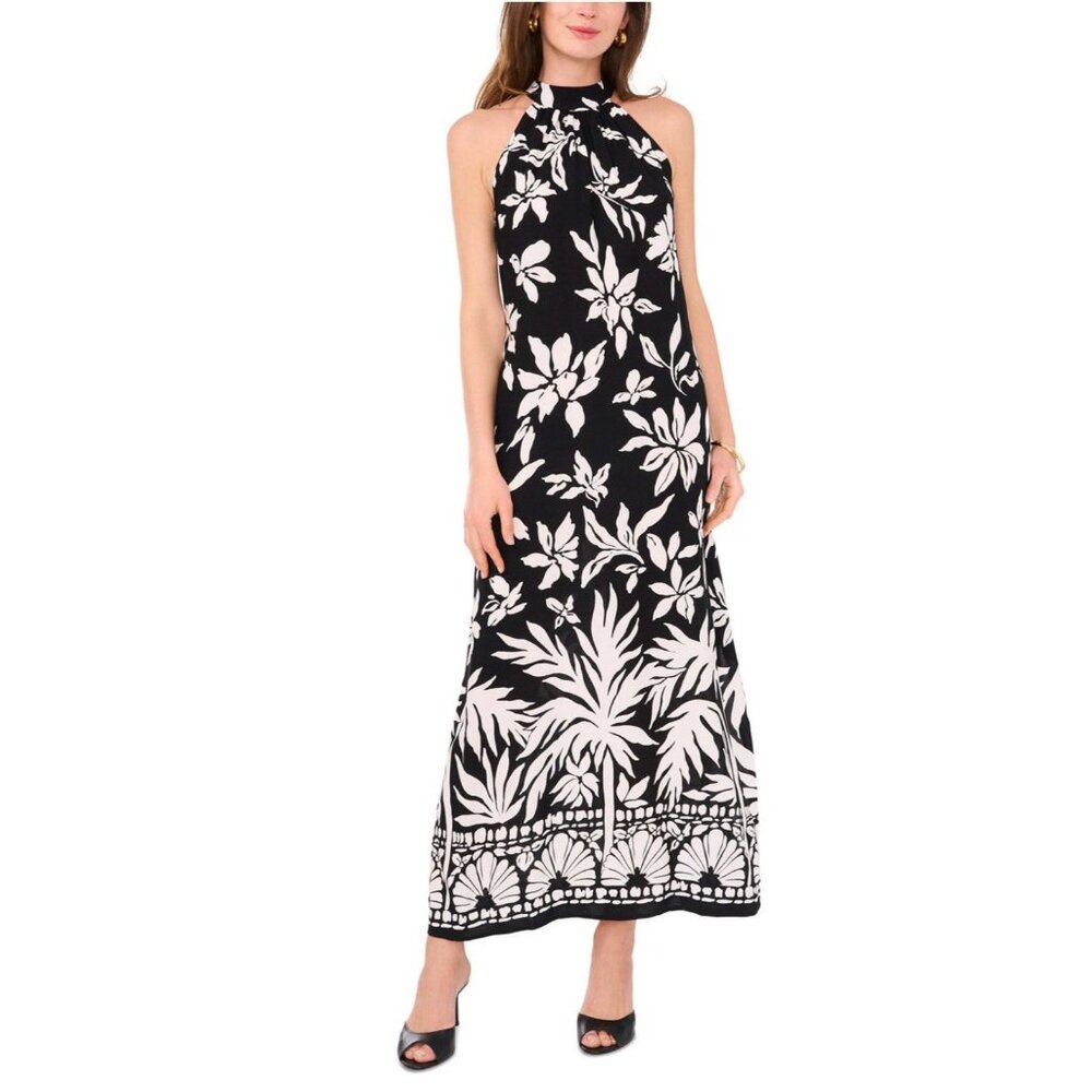 Vince Camuto XS Dress Black White Floral Halter Neck Sleeveless Midi NEW